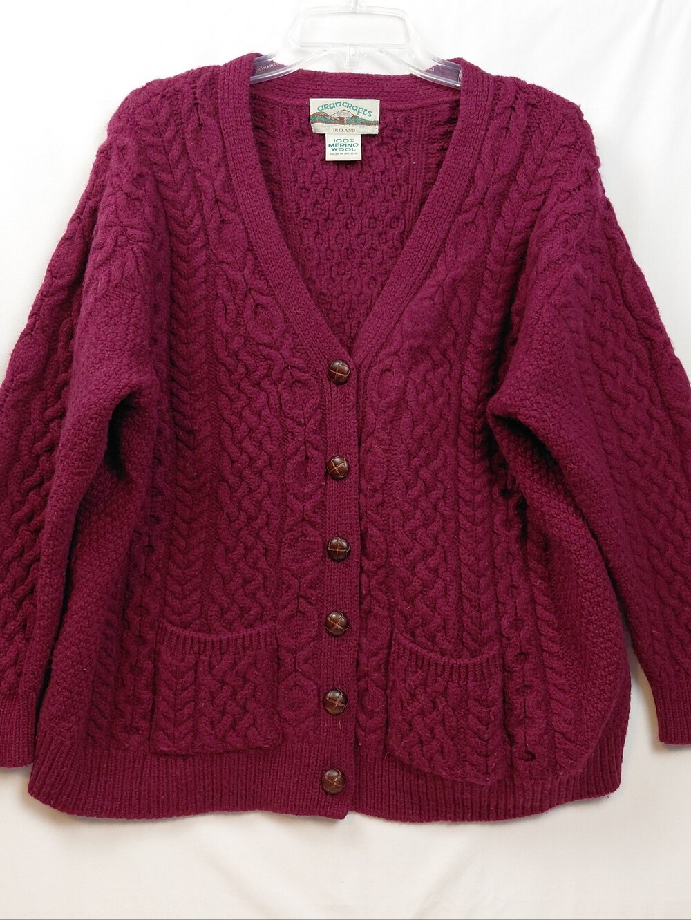 Aran Crafts 100% Merino Wool Cable Knit Cardigan Sweater Sz XXL Made In Ireland
